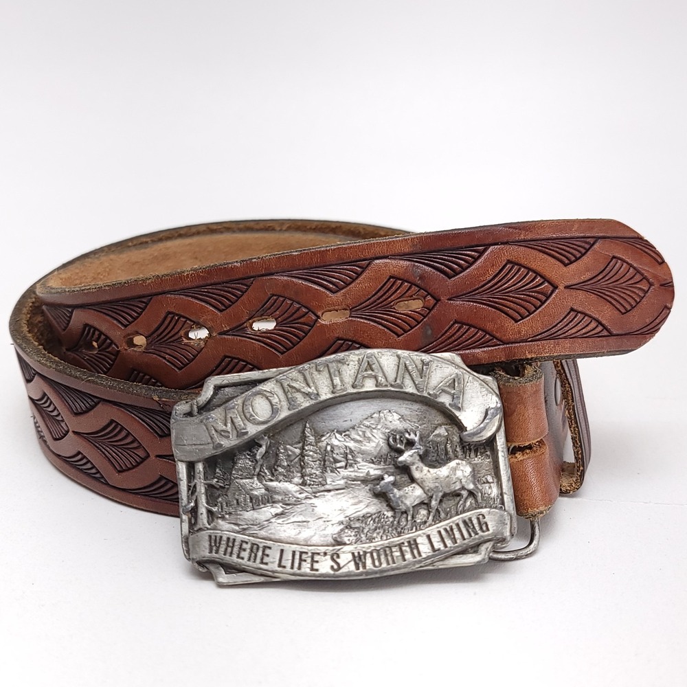 1983 Siskiyou Belt Buckle Montana Elk Deer‎ Hunting Tooled Leather Size 34-36